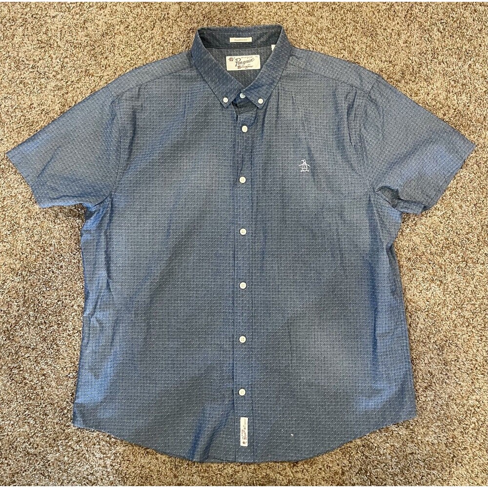 Original Penguin Mens XL Short Sleeve Button Down Shirt Blue Geometric Dot 1035